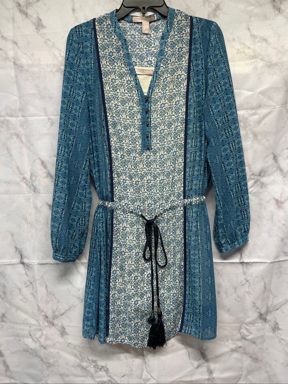 Forever 21 Contemporary L Blue Teal Boho Floral Tunic Dress Belted Tassel